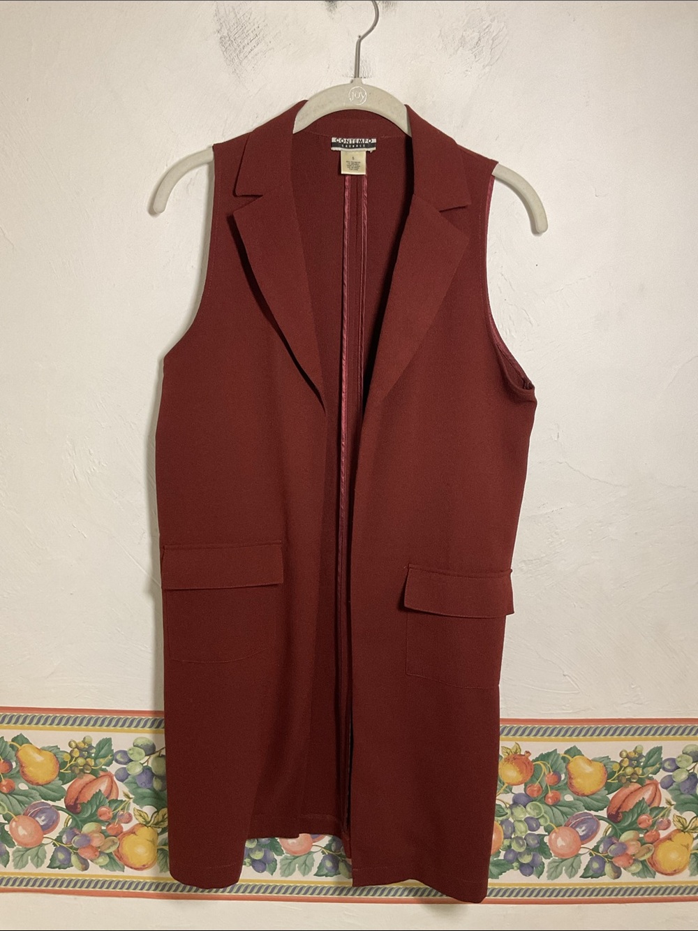 VTG 90s Contempo Casuals Longline Vest Blazer Duster Rust Brick Red Pocket Sz S